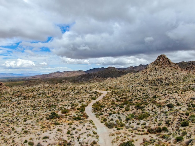 Vista aérea del camino de tierra vacío en el árido desierto de Arizona