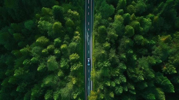 Vista aérea del camino a través del bosque verde Generativo Ai