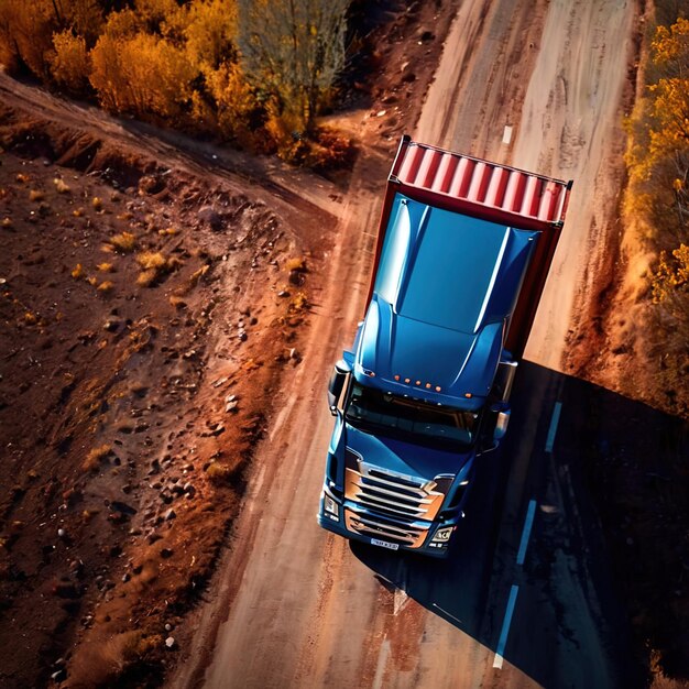 Foto vista aérea de un camión de carga en la logística de transporte terrestre por carretera abierta