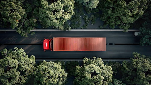 Vista aérea de un camión logístico rojo en la autopista en un entorno exuberante