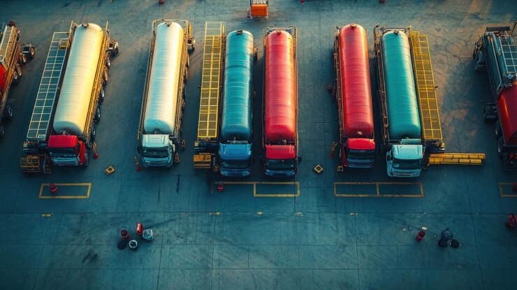 Vista aérea de camiones cisterna estacionados de varios colores alineados en filas en un terreno pavimentado