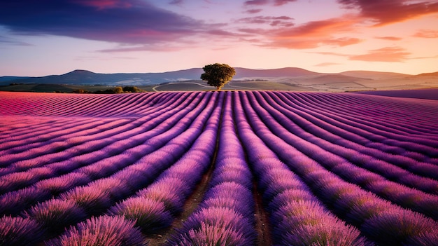 Una vista aérea de un campo de lavanda con montañas en el fondo Generative Ai