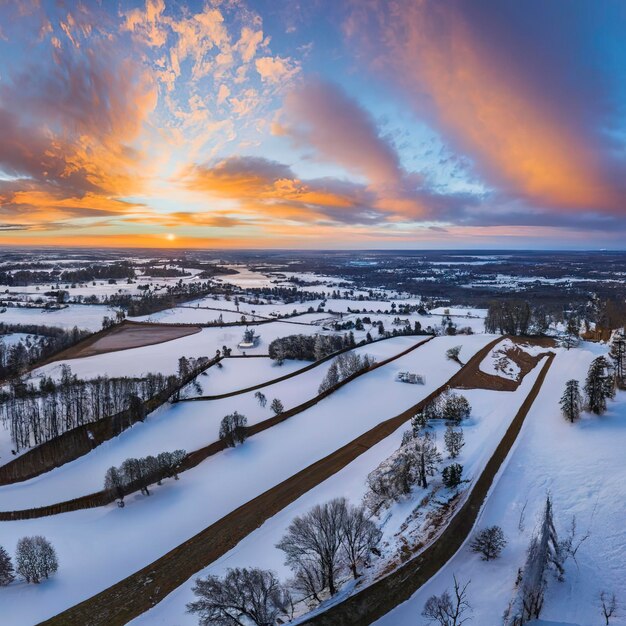 Vista aérea del campo nevado de invierno al atardecer Panorama horizontal