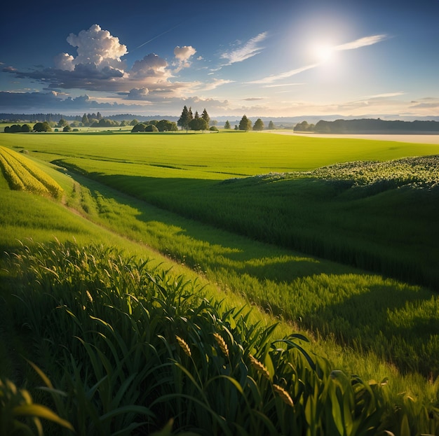 Vista aérea del campo de trigo al atardecer hermoso paisaje de verano