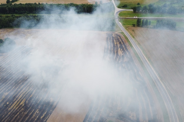 Vista aérea del campo de trigo ardiente con humo y camino