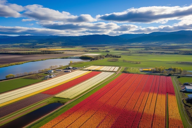 Vista aérea de un campo de tulipanes en pleno florecimiento