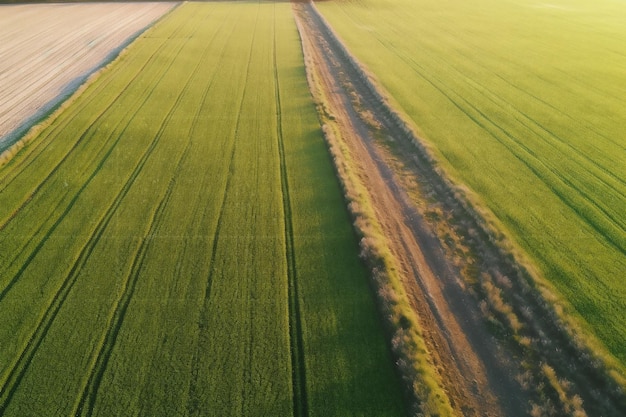 Vista aérea de un campo verde con un camino que lo atraviesa