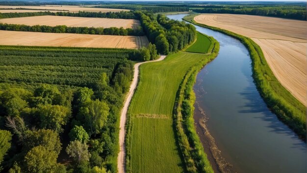 Vista aérea de campos junto a un río