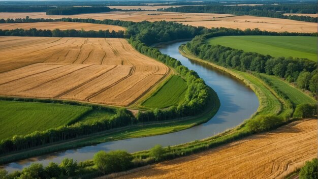 Vista aérea de campos junto a un río