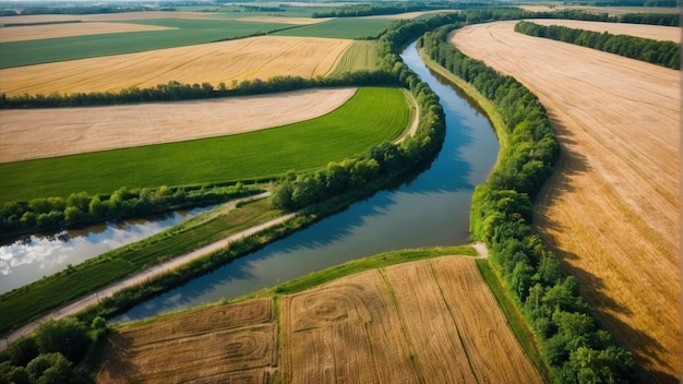 Vista aérea de campos junto a un río