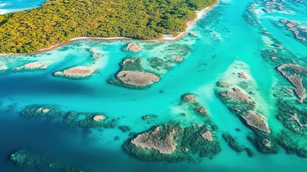 Vista aérea del Canal de los Piratas a lo largo de la costa de la Laguna de Bacalar Generative ai