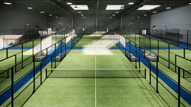 vista aérea de una cancha de padel con pisos verdes y vidrio que sirven como paredes dentro del edificio del hangar