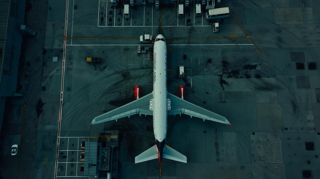 Vista aérea captura um avião comercial em um portão preparando-se para a próxima viagem em meio ao apoio terrestre