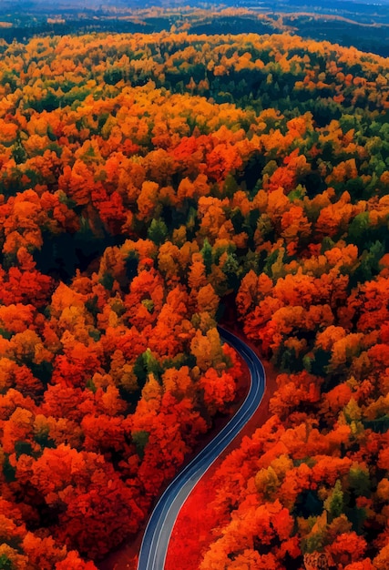 Vista aérea de la carretera en el bosque colorido al atardecer en otoño Vista superior desde el dron de la carretera de montaña en los bosques