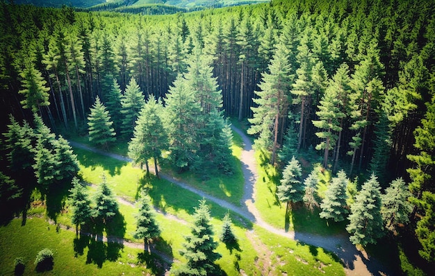 Vista aérea de la carretera en el bosque de coníferas IA generativa