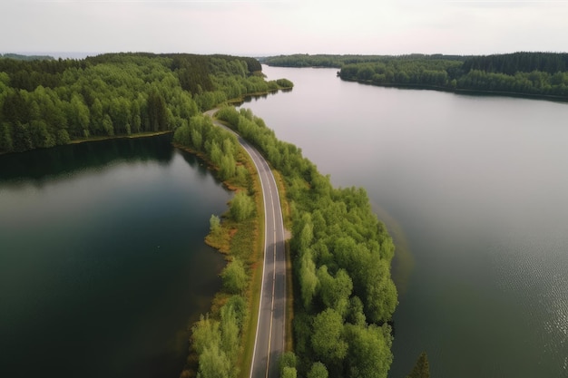 Una vista aérea de una carretera cerca de un lago IA generativa