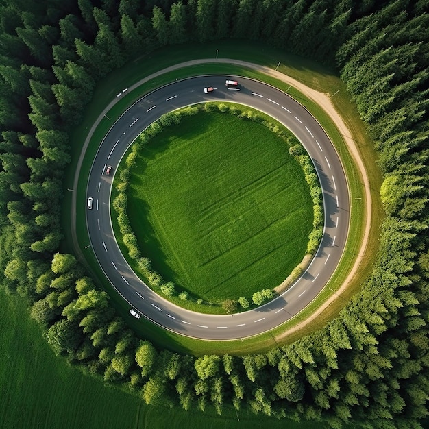 Vista aérea de la carretera circular alrededor del bosque verde de verano