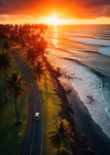 Vista aérea en la carretera con un coche rojo con puesta de sol, mar y palmeras. Concepto de viaje de verano. Fondo de pantalla