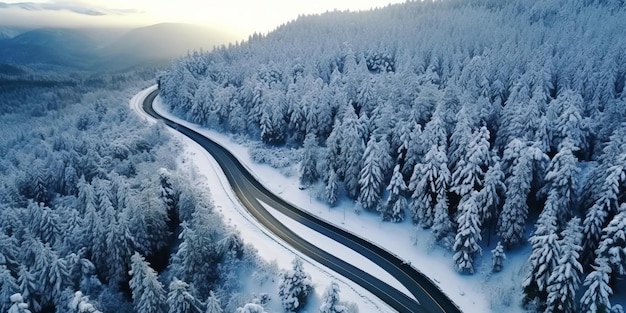 Vista aérea de una carretera cubierta de nieve en invierno con curvas serpentinas en un bosque