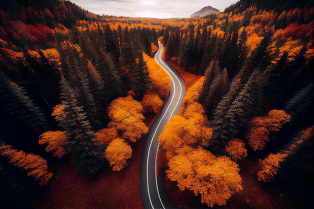 Vista aérea de la carretera curva de la montaña con autos bosque naranja al atardecer en otoño AI generado