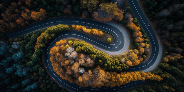 Vista aérea de una carretera en medio de la construcción de la curva de la carretera forestal hasta la cima de la montaña