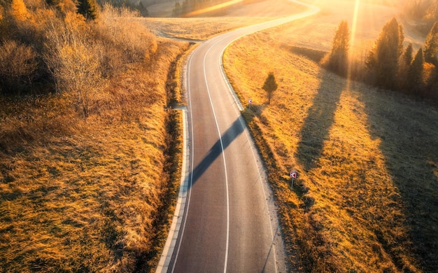 Vista aérea de la carretera de montaña en el bosque naranja al atardecer en otoño Vista superior desde el dron de la carretera vacía en el bosque Paisaje colorido con carretera en colinas pinos prados luz solar dorada en otoño