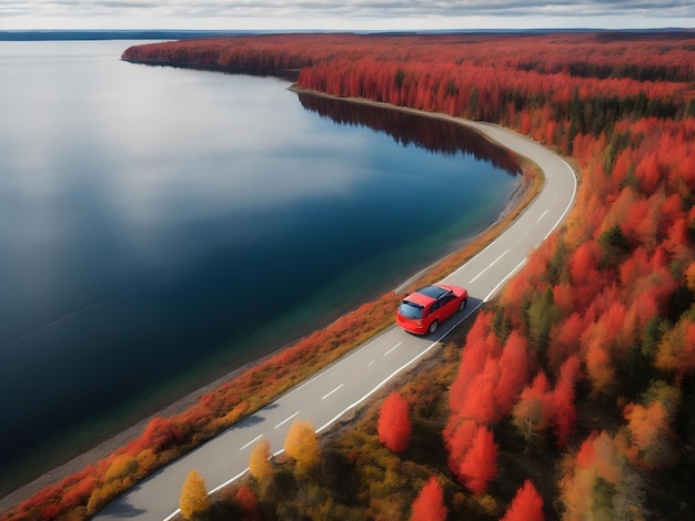 Vista aérea de la carretera de otoño y el océano del mar del lago de agua azul