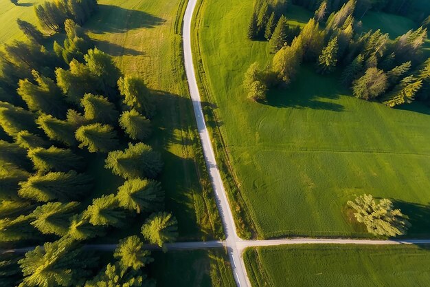 Vista aérea de la carretera en los prados verdes en un día soleado de verano