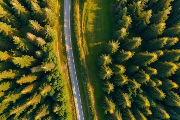 Vista aérea de la carretera en los prados verdes en un día soleado de verano