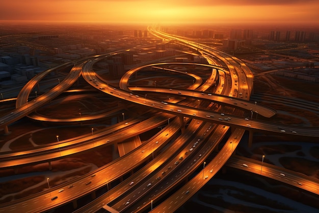 Una vista aérea de una carretera con una puesta de sol de fondo