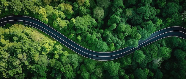 Vista aérea de una carretera sinuosa en un denso bosque verde