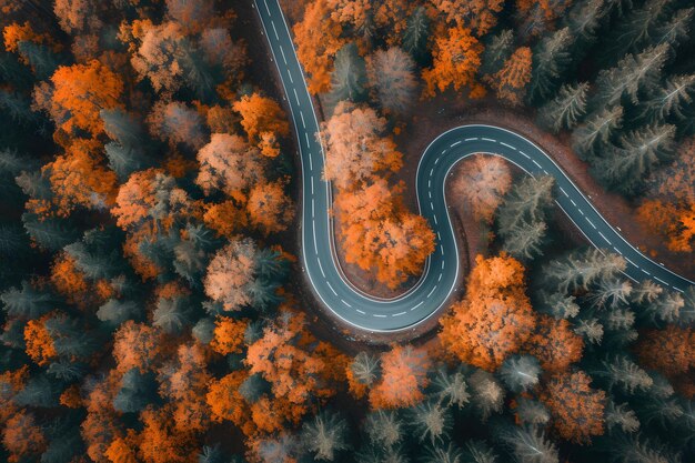 Vista aérea de una carretera sinuosa rodeada de árboles