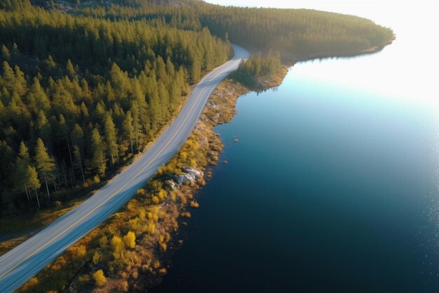 Vista aérea de la carretera sobre un lago