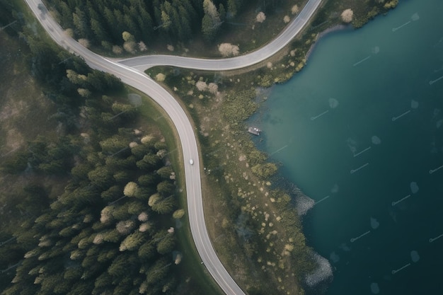 Vista aérea de la carretera sobre un lago