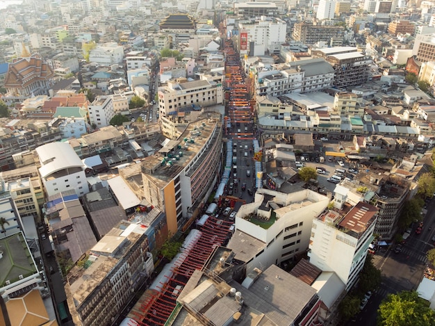 Una vista aérea de la carretera de Yaowarat o Chinatown La atracción turística más famosa de Bangkok, Tailandia