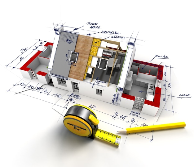 Vista aérea de una casa en construcción con notas explicativas