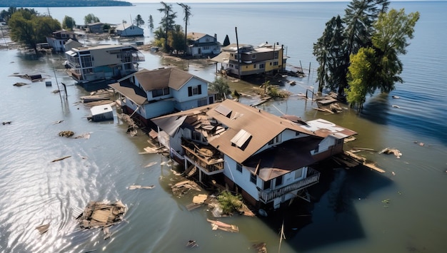 Vista aérea de una casa inundada a orillas del lago