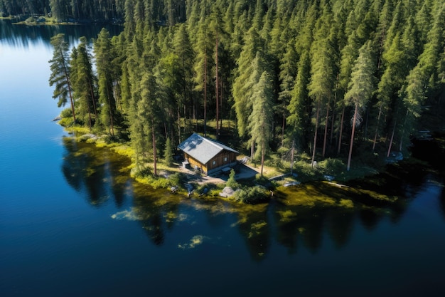 Vista aérea de una casa de madera en la orilla del lago Vista aérea de una cabaña de madera en un bosque de pinos verdes junto al lago azul en el verano rural Finlandia AI generada