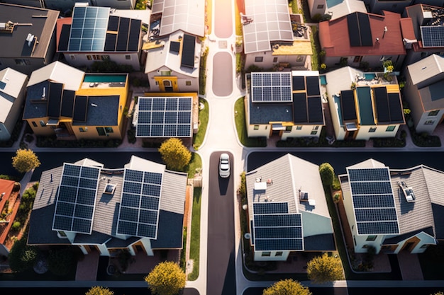 Una vista aérea de casas con paneles solares en ellas IA generativa