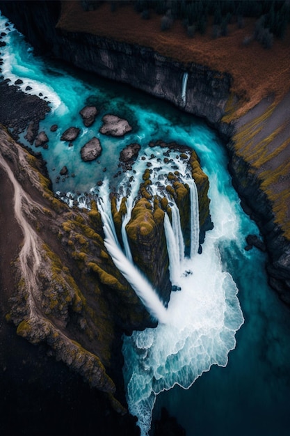 Una vista aérea de una cascada en medio del océano generativo ai