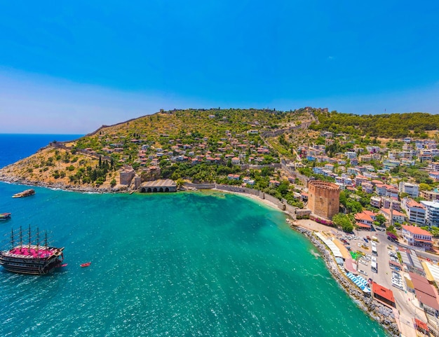 vista aérea del castillo de Alanya y del mar. foto aerea de fondo