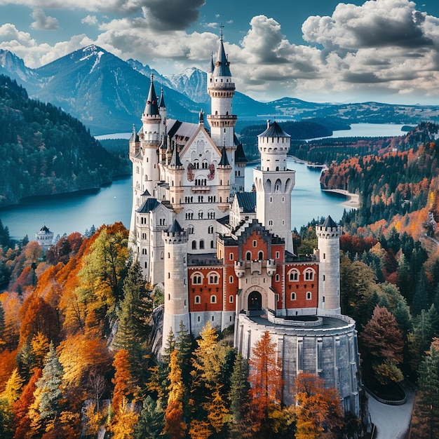 Vista aérea del castillo de cuentos de hadas en Baviera con el lago de fondo