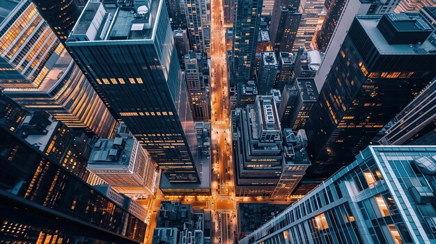 Una vista aérea del centro financiero de una gran ciudad que muestra increíbles rascacielos de vidrio y hormigón por la noche