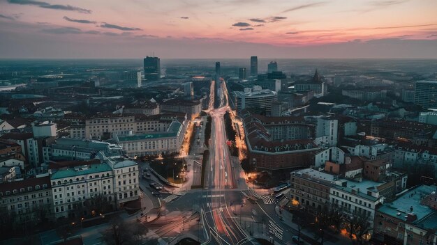 Foto vista aérea del centro de varsovia durante el anochecer