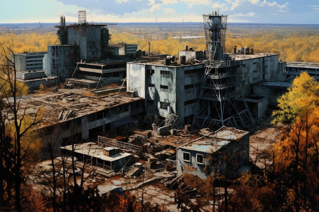 Vista aérea de Chernobyl en el entorno distópico de la Unión Soviética