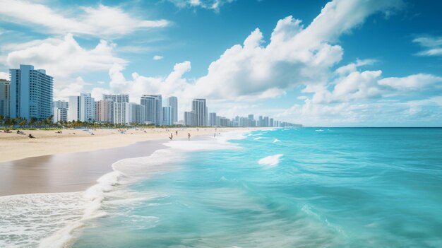 Foto una vista aérea en el cielo de miami en el estilo de color beige claro y azul cielo con acabado brillante fachadas elaboradas majestuosos paisajes marinos