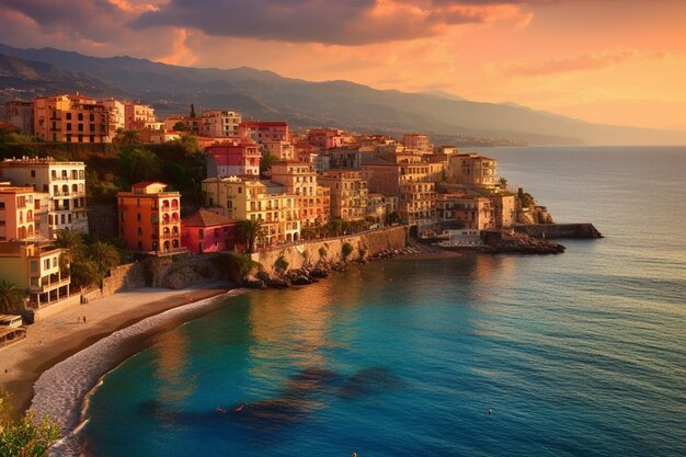 Vista aérea de Cinque Terre al atardecer Italia