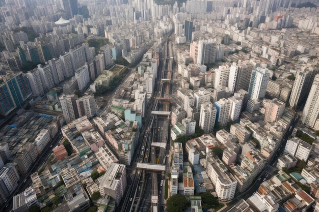 Vista aérea de una ciudad bulliciosa con rascacielos y calles a la vista creada con IA generativa