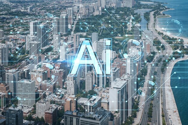 Vista aérea de la ciudad de Chicago, centro de la ciudad y lago durante el día Illinois EE.UU. Vista de pájaro Holograma del concepto de inteligencia artificial AI y robótica de redes neuronales de aprendizaje automático de negocios