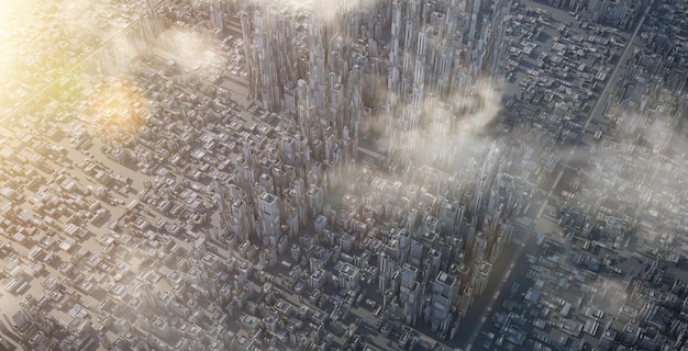 Vista aérea de la ciudad de ciencia ficción futurista y la representación de ilustración 3d del edificio de oficinas comerciales